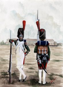 Eerste Keizerrijk: grenadiersoldaten van de Koninklijke Garde van de Grote Napoleontische Armee op het plein van het Sforzesco Kasteel in Milaan, Italië