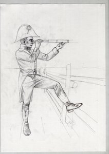 Eerste Keizerrijk (1804-1814 en 1815): senior soldaat van het grote Franse Napoleontische leger in observatie met een verrekijker - Onvoltooide tekening door Alessandro Lonati