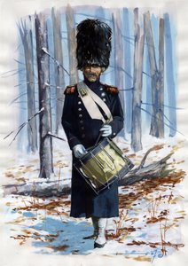 Eerste Keizerrijk: soldaat van het grote Napoleontische leger, trommelaar van de grenadiers van de Franse Keizerlijke Garde in mantel door Alessandro Lonati