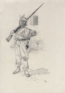 Eerste Keizerrijk (1804-1814 of 1815): soldaat van het Napoleontische leger, infanterist van een brigade ruiters in een fort