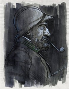 Eerste Wereldoorlog 1914-1918: profielportret van een soldaat van het Italiaanse leger die pijp rookt in 1915 door Alessandro Lonati