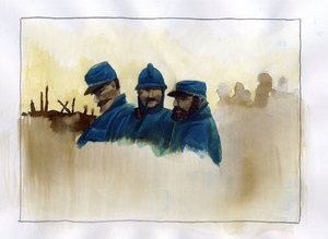 Eerste Wereldoorlog: Franse soldaten tijdens de Eerste Wereldoorlog Kleurenillustratie door Alessandro Lonati