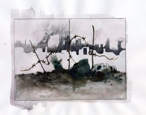 Eerste Wereldoorlog: Oorlogsalegorie met schedelhelm in baarden tegen achtergrond van ruïnes Kleurtekening door Alessandro Lonati door Alessandro Lonati