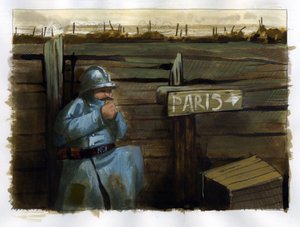 Eerste Wereldoorlog: een harige Franse soldaat bij een bord dat Parijs aangeeft door Alessandro Lonati