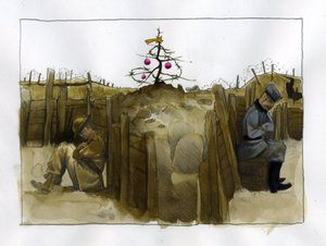 Eerste Wereldoorlog: de eenzaamheid van twee vijandige soldaten, Brits (links) en Duits in de loopgraaf, tijdens kersttijd 1914-1918