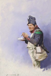 Eerste Keizerrijk: lichte infanteriesoldaat tijdens maaltijd tijdens een campagne van Napoleon I (waarschijnlijk in Rusland) door Alessandro Lonati