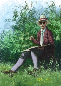 Hermann Hesse schilderend in de tuin door Alessandro Lonati