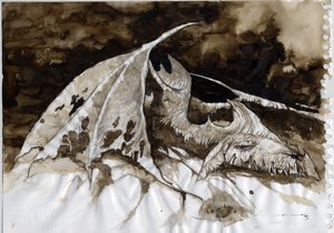 Illustratie van een fantastisch en legendarisch dier: dode drakenkarkas. door Alessandro Lonati