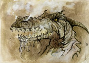Illustratie van een fantastisch en legendarisch dier: drakenkop die rook uit de snuit blaast