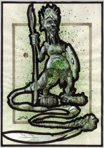 Legendarisch monster voor fantasie illustratie: gezicht van een stamwezen of krijger met speer, schild en verenstaart
