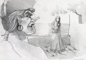 Piraat (kaper) van de Caraïben bedreigt een dame in een fort (Illustratie)