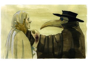 Pestdokter met een snavelachtig masker gevuld met aromatische items voor een slachtoffer door Alessandro Lonati
