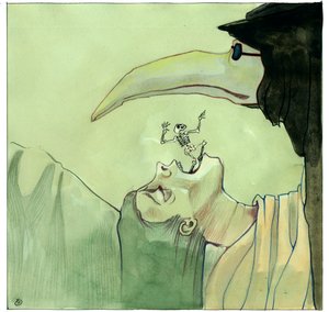 Pestdokter met een snavelachtig masker gevuld met aromatische items voor een slachtoffer door Alessandro Lonati