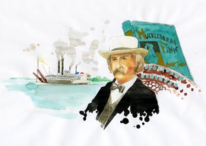 Portret van de Amerikaanse schrijver Mark Twain (1835-1910) Illustratie door Alessandro Lonati