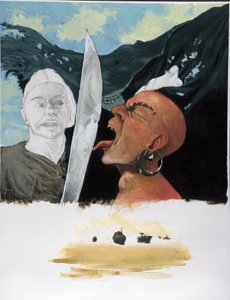 Portret van een piraat die zijn tegenstander uitdaagt door hem met zijn tong aan te raken met de jolly roger vlag op de achtergrond door Alessandro Lonati
