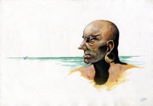 Portret van een piraat (kaper) of zeeman met zee op de achtergrond