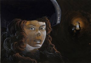 Portret van een piratenvrouw (kaper) of matroos in de nacht, verlicht door de lantaarn van een andere piraat (Kleurenillustratie)