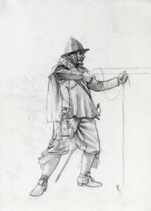Portret van een scheepssoldaat uit de 17e eeuw die zich in een schietpositie plaatst