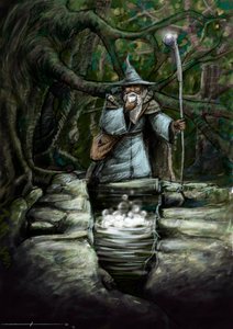 Representatie van een druïde die drinkt bij de wonderbaarlijke fontein van Barenton, in het bos van Brocéliande - Illustratie door Alessandro Lonati - 2012 door Alessandro Lonati