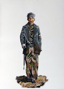Tweede Wereldoorlog: een lid van het Italiaanse verzet in camouflagepak met machinegeweer. 1943-1945 door Alessandro Lonati