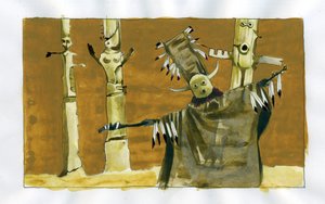 Sjamanisme: spirituele ceremonie gericht op de bemiddeling tussen mensen en natuurgeesten - sjamaan en zijn totems Illustratie door Alessandro Lonati door Alessandro Lonati