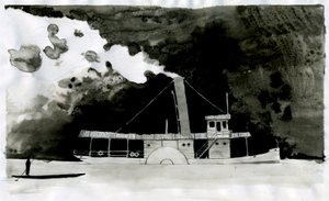 Stoomschip Illustratie van de nieuwe "In het hart van de duisternis" door Joseph Conrad. 2012 door Alessandro Lonati