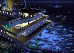 Zicht op de trans-Atlantische lijnboot Titanic tijdens het zinken op 14 en 15 april 1912. Illustratie door Alessandro Lonati, 2010 door Alessandro Lonati