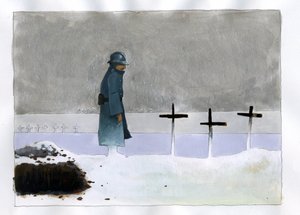 Eerste Wereldoorlog: een Franse soldaat bij een oorlogsgraf kijkt naar de kruisen door Alessandro Lonati
