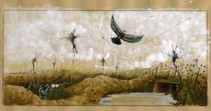 Eerste Wereldoorlog: een passagiersduif die een bericht draagt, wordt beschoten door een Duitse soldaat in een loopgraaf die probeert een bericht te onderscheppen 1914-1918 door Alessandro Lonati