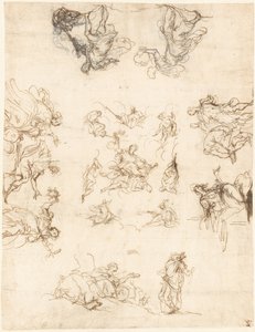 Een plafond met compartimenten met allegorieën en mythen door Alessandro Maganza