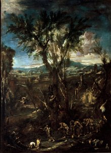 Fantastisch landschap met monniken door Alessandro Magnasco