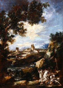 Landschap met Karmelieten die bidden bij een wegkapel door Alessandro Magnasco