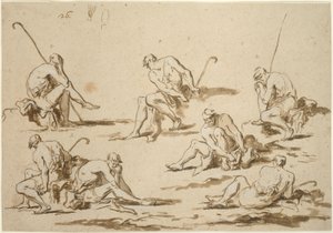 Studieblad met zittende figuren door Alessandro Magnasco
