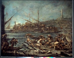 Het inschepen van de galeislaven in de haven van Genua Schilderij door Alessandro Magnasco