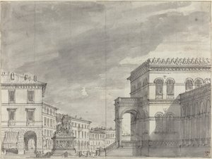 Piazza met een Ruiterstandbeeld en een Paleis door Alessandro Sanquirico