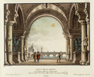 Uitzicht op de zaal van het koninklijk paleis Scenografie voor de opera Bianca e Fernando door Vincenzo Bellini (1826) door Alessandro Sanquirico