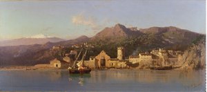 Uitzicht op Taormina, Sicilië, met de Etna op de achtergrond, 1868