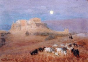 De Akropolis bij Schemering