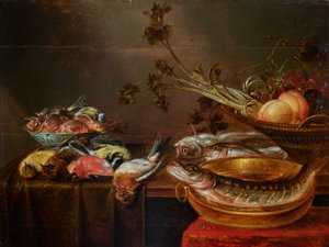 Stilleven met vissen, vogels en fruit