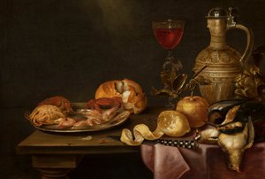 Stilleven met garnalen en krabben op een tinnen bord