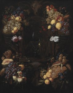 Cartouche met fruitkransen en een wijnglas door Alexander Coosemans