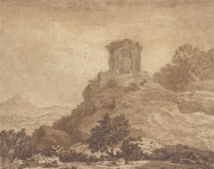 Landschap met een verwoeste tempel, c.1756 door Alexander Cozens
