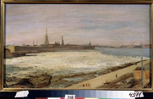 Het drijven van ijs op de rivier de Neva in Sint-Petersburg