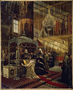 Tsaar Alexis I Michailovitsj en patriarch Nikon bij de kist van Filipp I