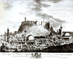 Een uitzicht op de stad en het kasteel van Aleppo, Syrië, 1754 door Alexander Drummond