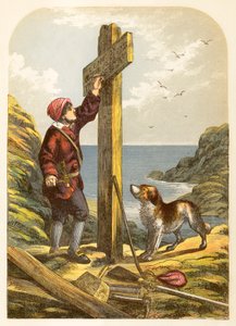 Robinson Crusoe plaatst een paal aan de kust