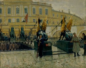 Revolutionaire matrozen bewaken de Petrograd Staatsbank