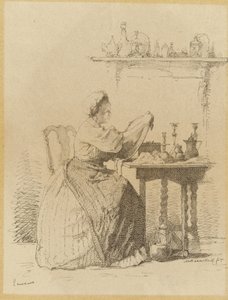 Dienstmeisje dat aan tafel zit te poetsen door Alexander Hugo Bakker Korff