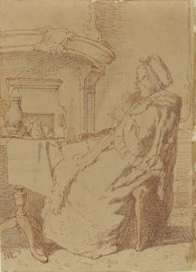 Zittende, breiende oude vrouw aan een tafel