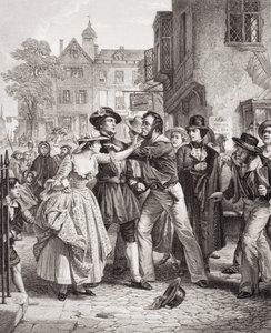 De persbende grijpt een schipper op Tower Hill op de ochtend van zijn trouwdag, uit `Illustrations of English and Scottish History